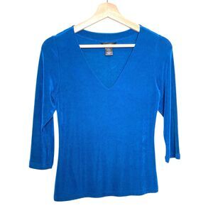Fiora Acetate Blend V Neck Sweater Size Small Blue 3/4 Sleeve